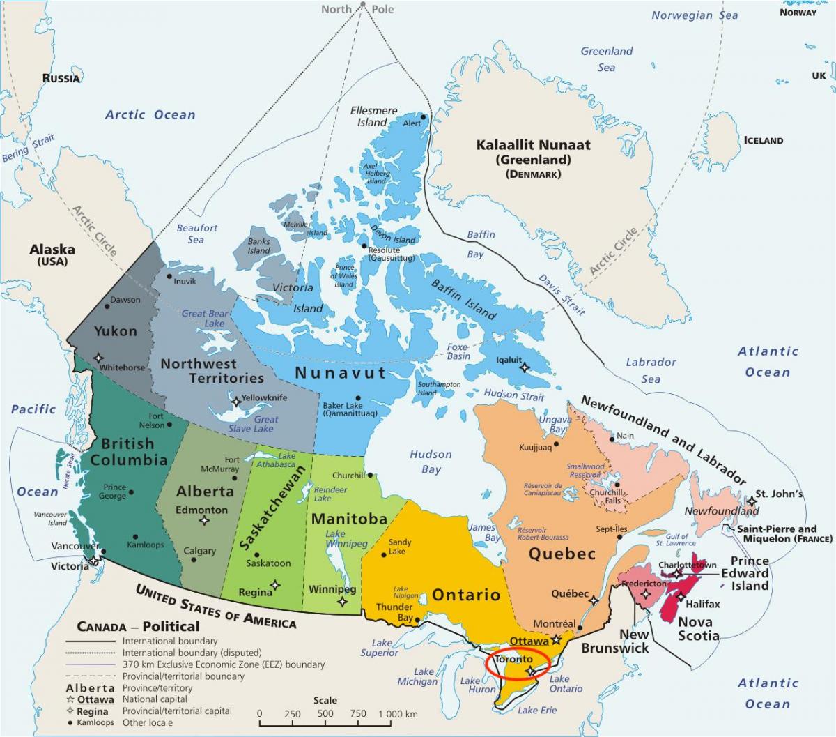 Toronto en el mapa de Canadá